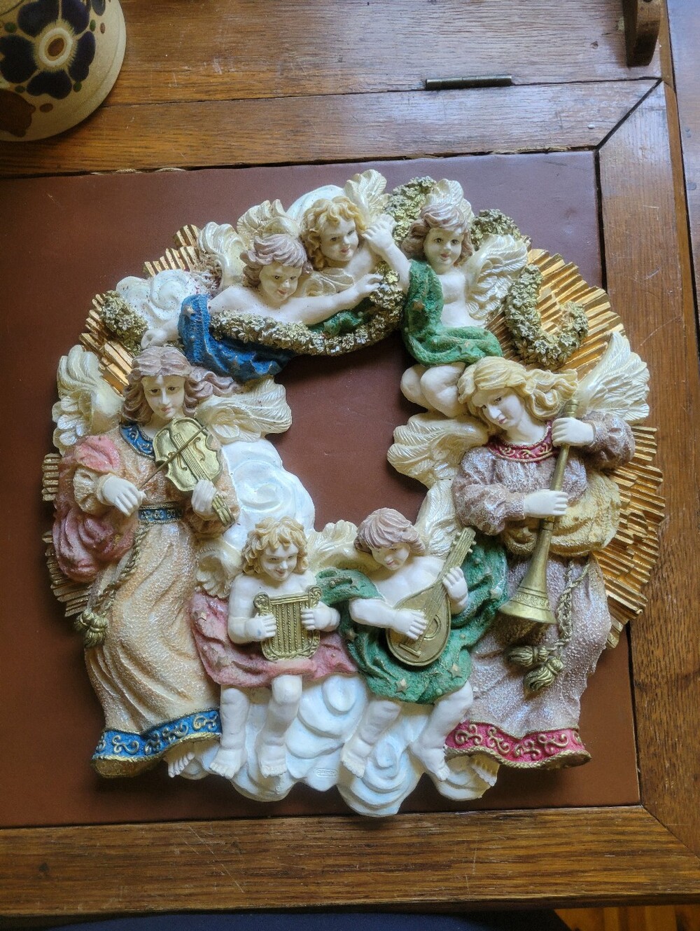 Vintage Resin Angel Cherub Wreath 12" Wall Plaque Musical Instruments Christmas